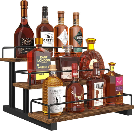Homode Liquor Bottle Display Shelf, Coffee Syrup Rack Organizer, 3 Tier Wine Rack Countertop, Home Retro Bar Shelf Stand Holder for Liquor Whiskey Spirits, Mini Bar, Liquor Cabinet, Rustic Brown