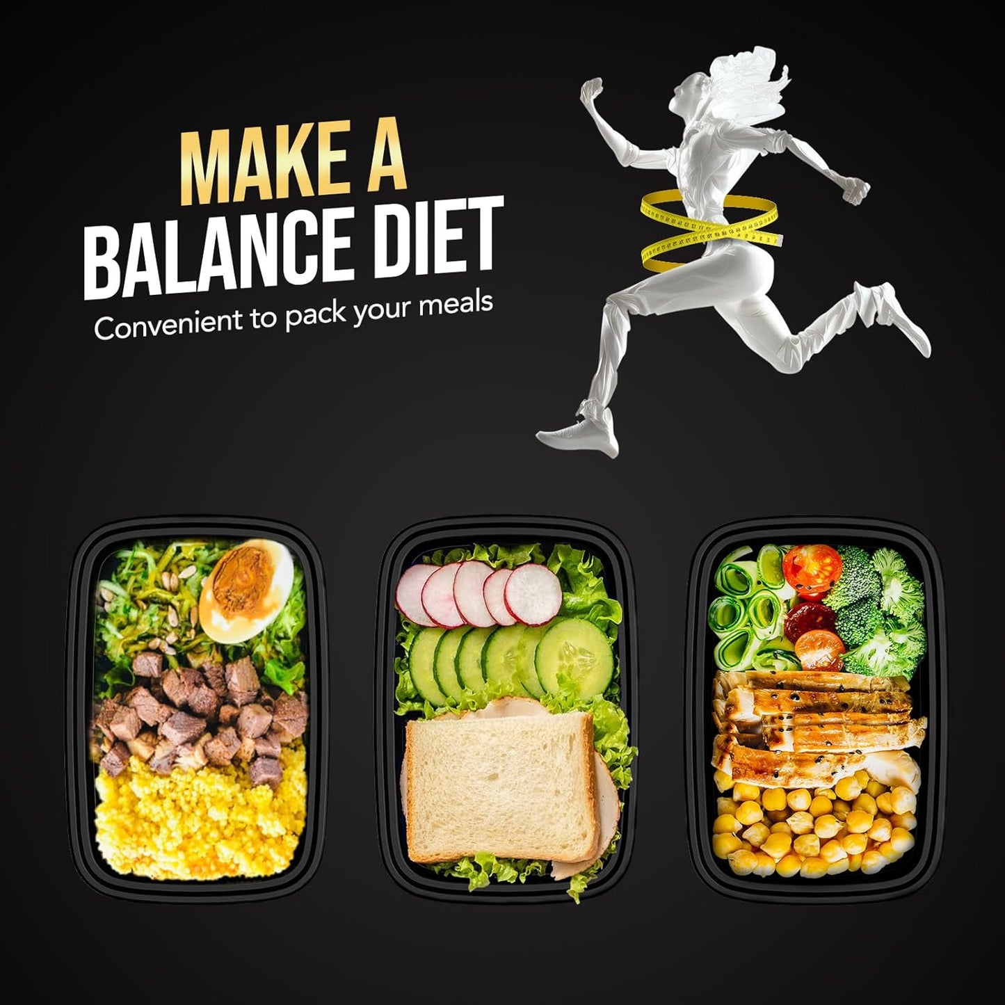 100-Piece (50-Pack) 16 OZ Meal Prep Containers Reusable with Lids, Sturdy Leakproof & Food Safe, Microwave, Freezer, Dishwasher Safe To Go Food Containers, Plastic Take Out Containers, Black