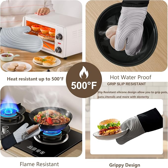 Silicone Oven Mitts-13.6 in Extended Oven Mitts Heat Resistant 500F, Oven Gloves - Image 4