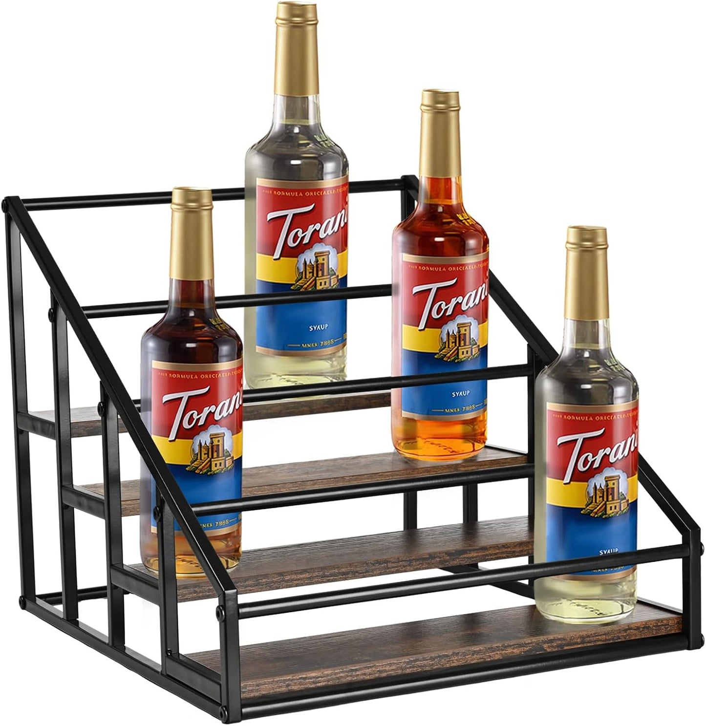 Coffee Syrup Organizer Rack, Liquor Bottle Display Shelf, Spice Racks, 4-Tier 16 Syrup Bottles Holder Stand for Coffee Bar Kitchen Small Wine Rack for Bar Family Storage for Syrup Wine Dressing