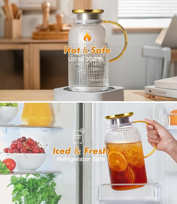 2 PACK Glass Pitcher with Lid 64 oz, Classic Vertical Stripes Pitcher with Lid - Image 3