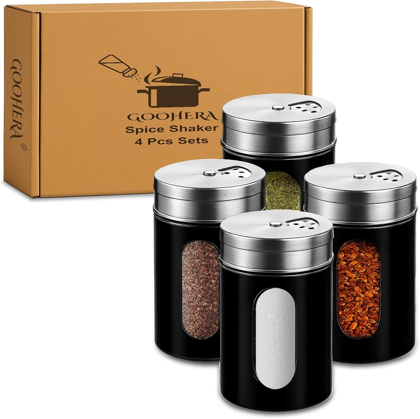 4-Piece Premium Stainless Steel Salt and Pepper Shakers Set – Adjustable Pour Holes Spice Dispenser for Salt, Sugar, Cinnamon, and Pepper – Stylish Kitchen Seasoning and Spice Shaker Set (Black)