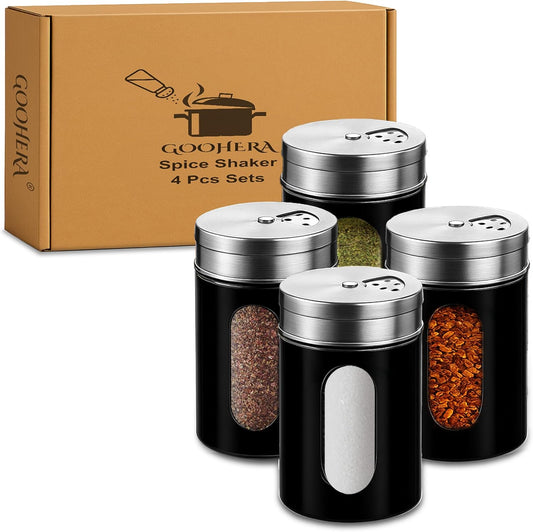 4-Piece Premium Stainless Steel Salt and Pepper Shakers Set – Adjustable Pour Holes Spice Dispenser for Salt, Sugar, Cinnamon, and Pepper – Stylish Kitchen Seasoning and Spice Shaker Set (Black)
