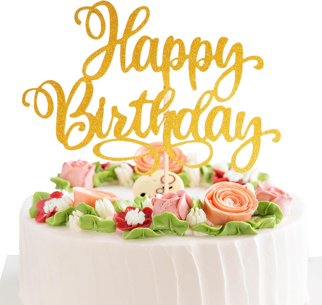 Happy Birthday Cake Toppers 9 Inch Glitter Happy Birthday Cake Pick for Birthday Anniversary Theme Party Cake Decorations Supplies - Gold