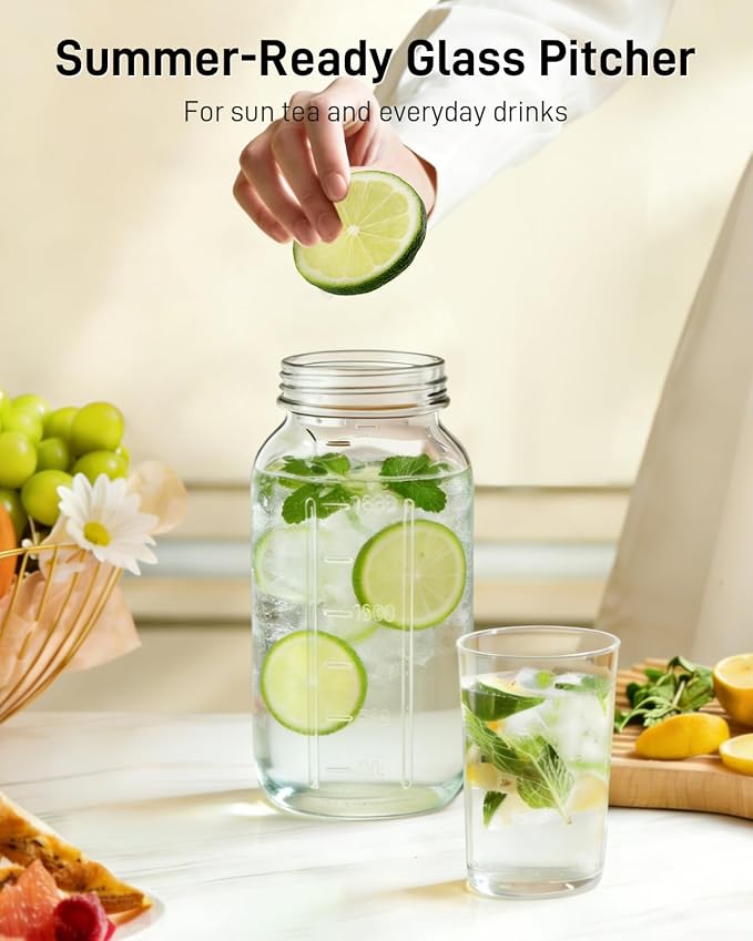 64 oz Glass Pitcher with Lid, Large Wide Mouth Mason Jar with Pour Spout - Image 6