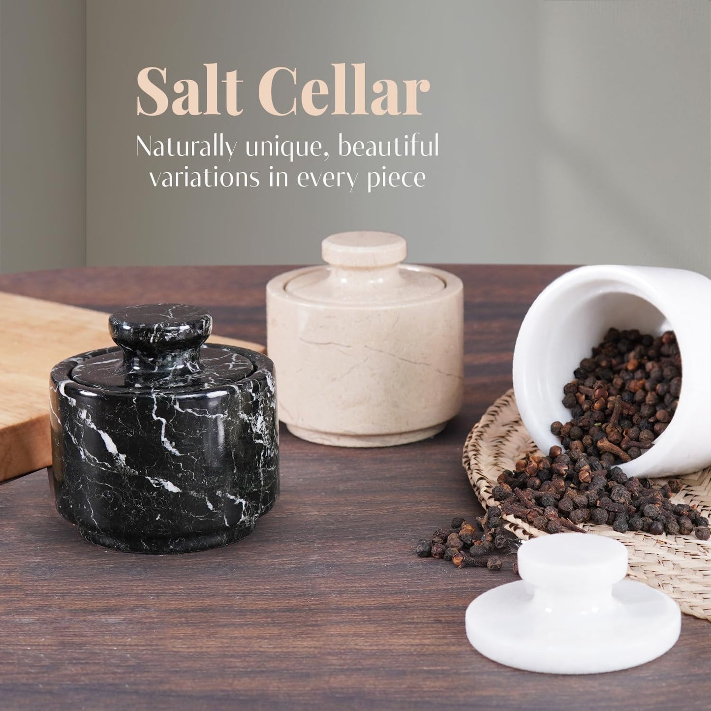 Marble Salt Cellar with Lid 3" Black Zebra Stone Salt, Sugar, Seasoning Containers for Kitchen Countertop, Modern Salt Dish, Spice Jar
