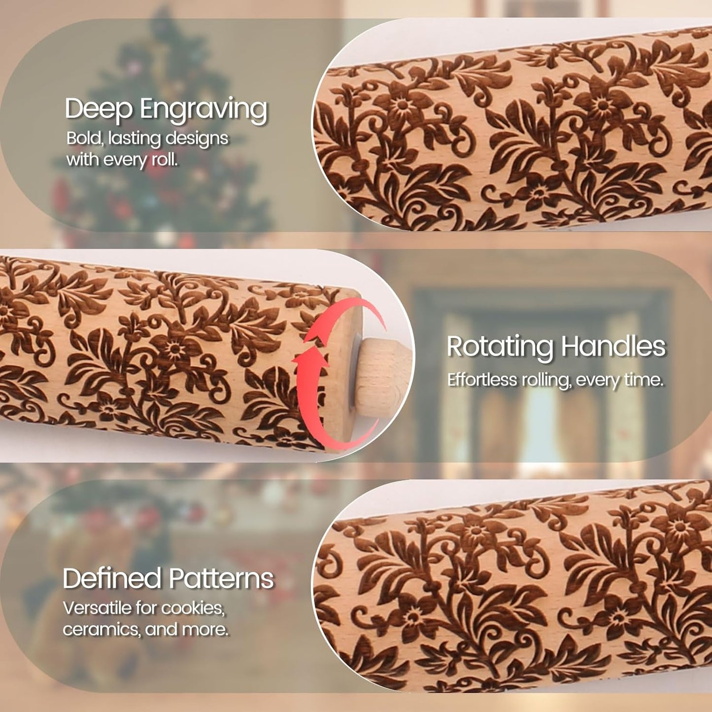 Floral Vine Embossed Rolling Pins for Cookies, Wooden Engraved Rolling Pins for Baking, Embossing Rolling Pins with Designs, Patterned Rolling Pin Decorative Springerle Mold Stamp Clay Pattern Roller