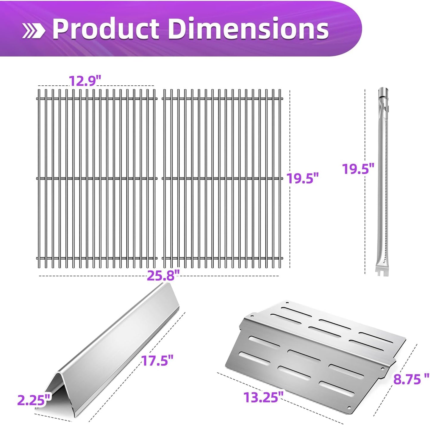 19.5" Stainless Steel 7524 Grill Grates 7620 Flavorizer Bars for Weber Genesis E330 Grill Parts with 7622 Heat Deflector 62752 Burner Tubes for Weber Genesis E310 S310 S330 EP310 300 Series