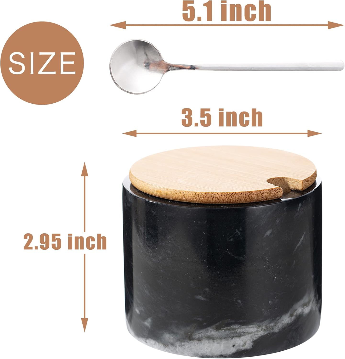 Marble Salt Cellar with Lid & Spoon, 11oz Salt and Pepper bowls, Handcrafted from Natural Marble, Smooth Inside (Black)
