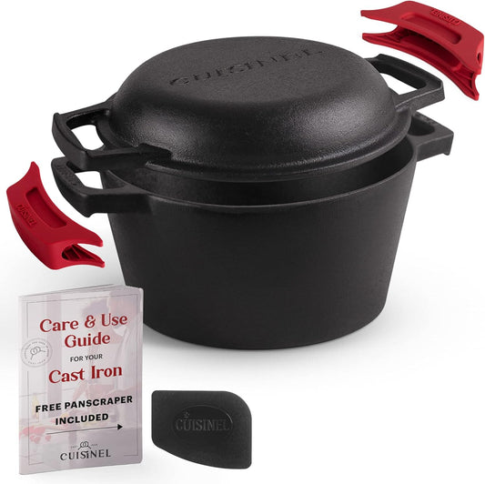Cuisinel Cast Iron Dutch Oven - 3-Quart Deep Pot - Pre-Seasoned 2-in-1 Multi-Cooker - Combo Lid Doubles as 8"-inch Skillet Frying Pan + Silicone Handle Covers + Scraper - Use for Baking Bread