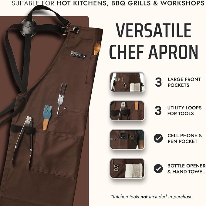 Asaya Chef and BBQ Apron with Bottle Opener and Hand Towel - 10oz Cotton Canvas - Image 2