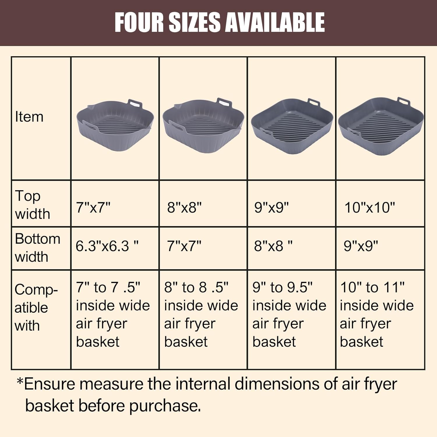 Silicone Liners Square for Air Fryer, 2 Pcs Non-stick Food-grade Reusable Basket Silicone Pot Baking Tray Airfryer Accessories, Top Size 10 inches, Bottom Size 9 inches