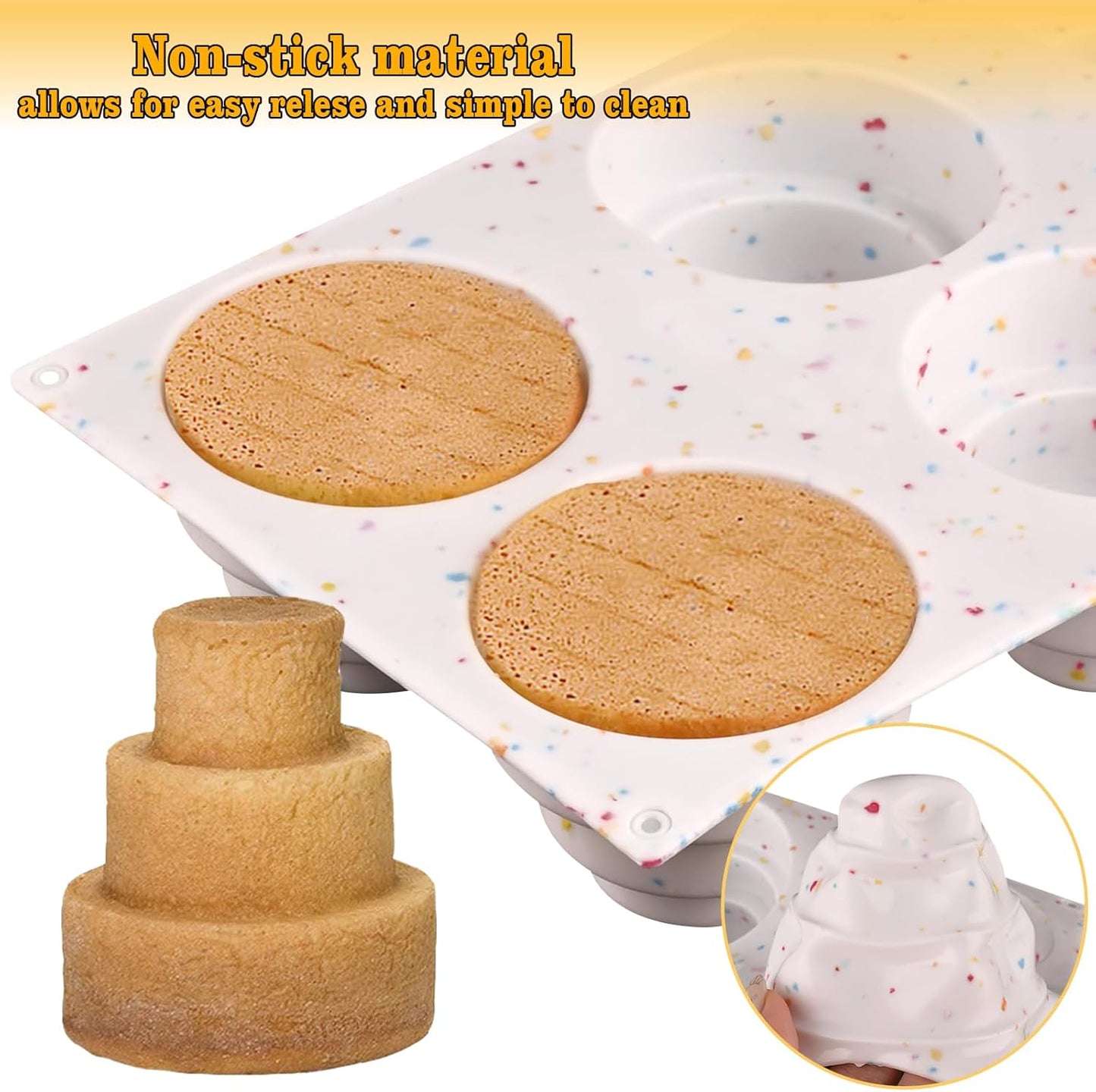 Sakolla 2 Pack 3 Tier Mini Cake Molds, BPA Free 6 Cavity Silicone Cakepop Molds Shapes for Baking Cake Pop, Cakesicle, Brownie and Mousse (Confetti)