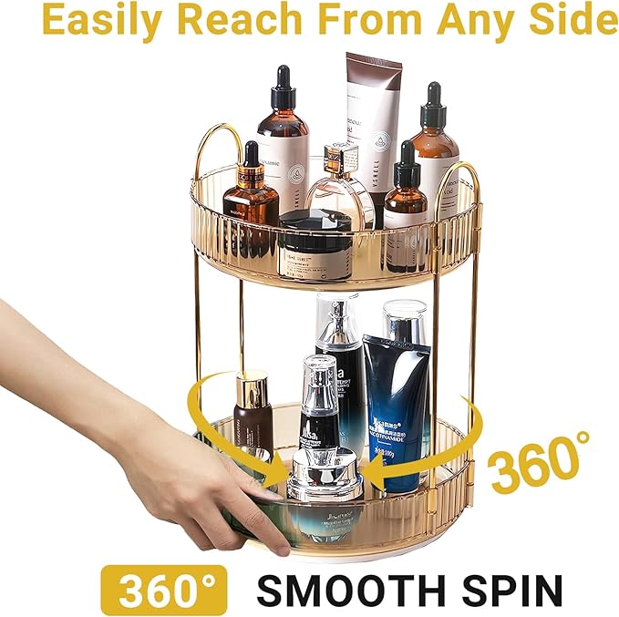 Asayuee 360 Rotating Gold Makeup Organizer, 2 Tier Large Capacity Rotating - Image 3
