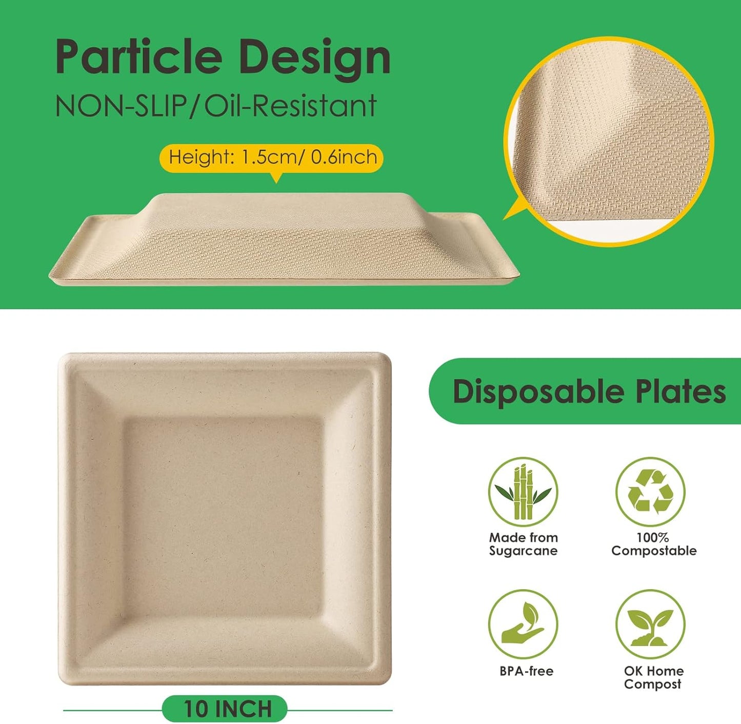 Gezond 100 Pack Compostable Square Plates 10 Inch Disposable Paper Plates Sugarcane Square Dinner Plate Unbleached Eco-friendly Large Plate for Party