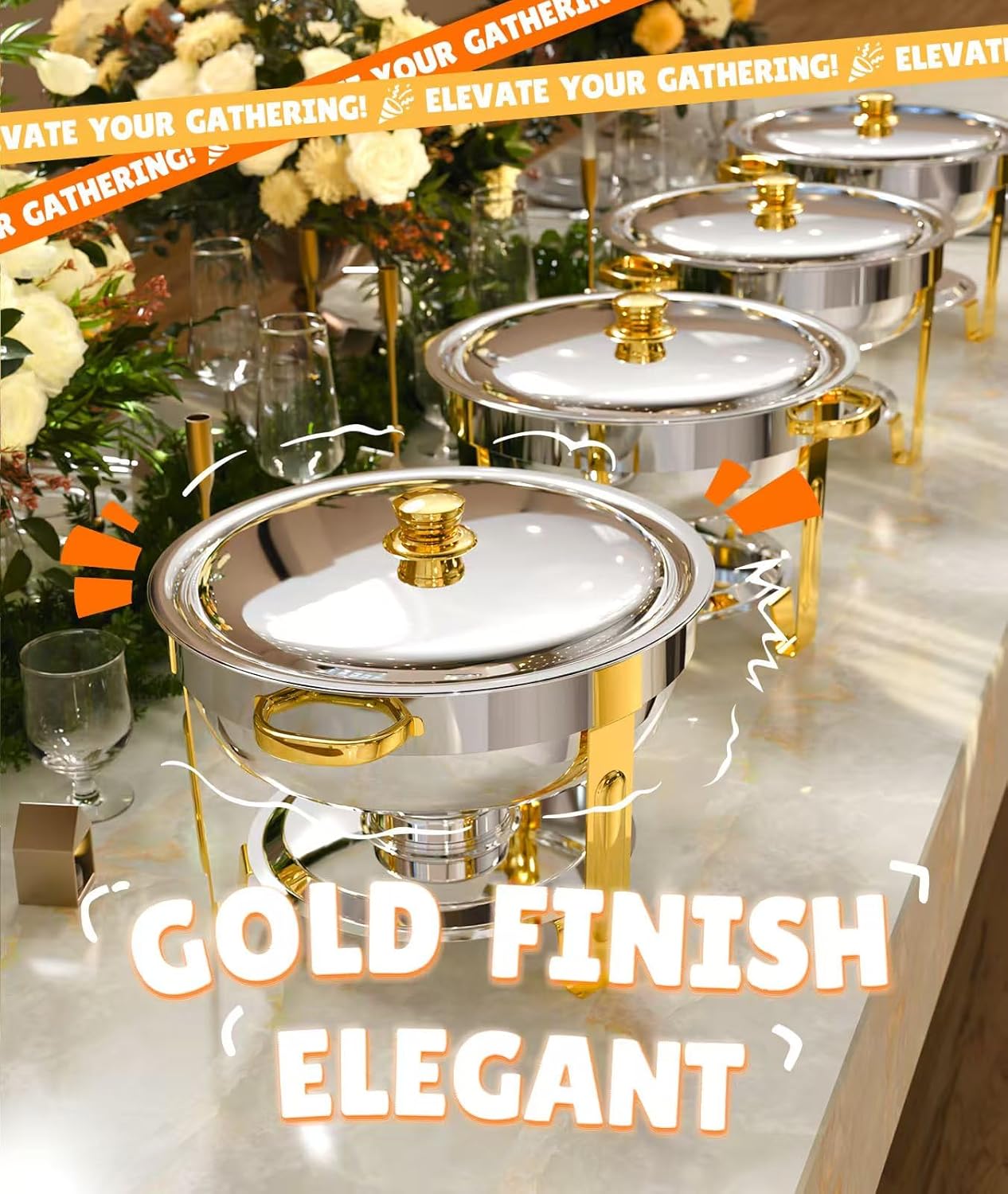Chafing Dishes for Buffet 4 Pack, 6QT [Worry-Free Assemble] Food Warmers for Parties Buffet [Elegant Gold and Silver Colors] Stainless Steel Round Chafing Dish Buffet Set with Complete Set