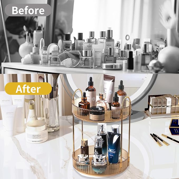 Asayuee 360 Rotating Gold Makeup Organizer, 2 Tier Large Capacity Rotating - Image 5