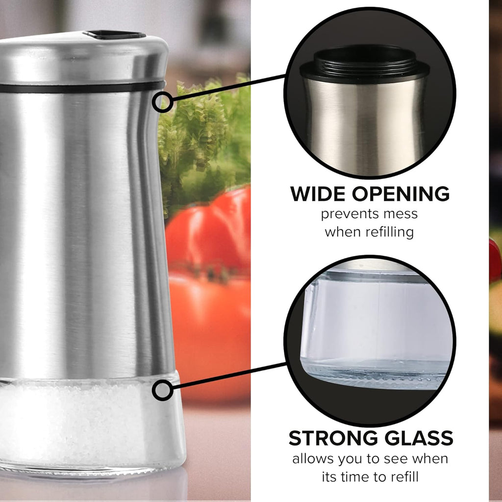 The Original Salt and Pepper Shakers set - Silver- Spice Dispenser with Adjustable Pour Holes - Stainless Steel & Glass Set of 2 Bottles
