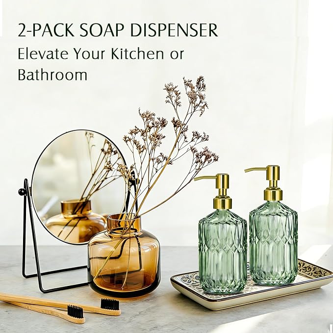 COHOSEGE 17 Oz Green Glass Kitchen Soap Dispenser - Image 3