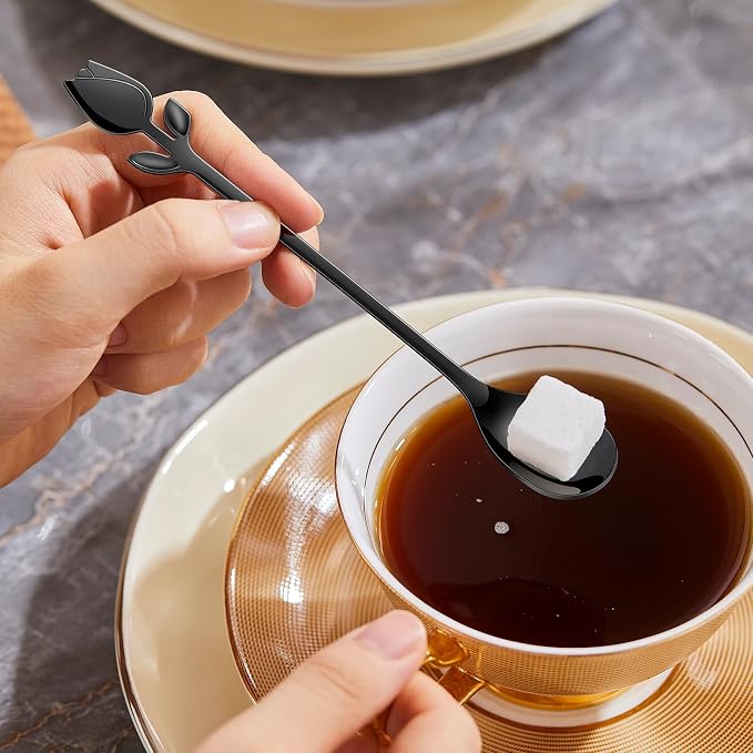 Black Tulip/Rose Handle 12-Pcs Mini Coffee Spoons Set - Image 4