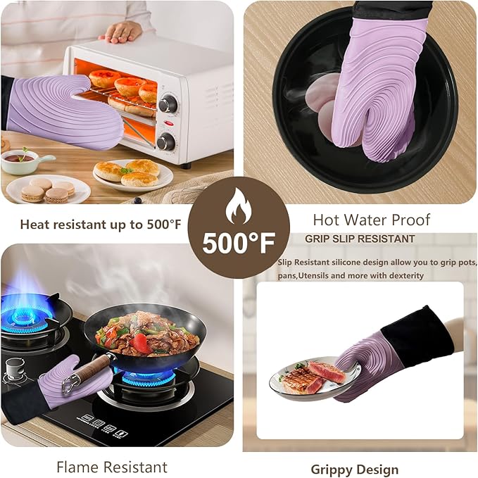 Silicone Oven Mitts-13.6 in Extended Oven Mitts Heat Resistant 500F, Oven Gloves - Image 4
