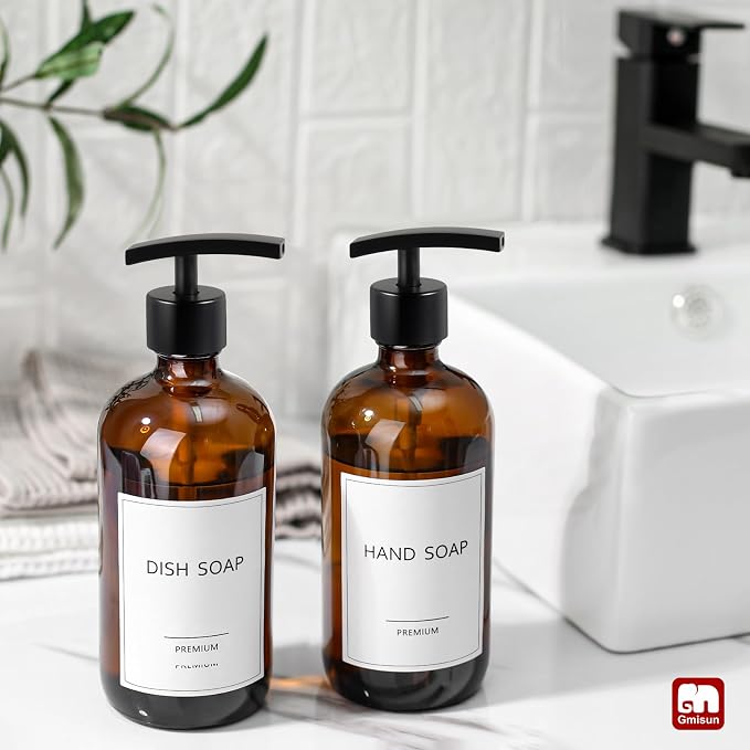 GMISUN Amber Glass Soap Dispenser, 2 Pack Bathroom Hand Soap Dispensers - Image 4