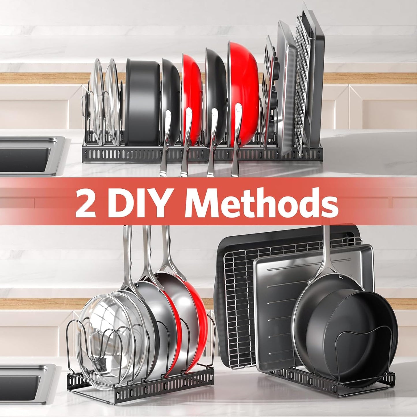 ORDORA Pots and Pans Organizer under Cabinet with Pan Holder: Expandable 11.8"-22.8" Kitchen Cabinet Organizer Rack, 12 Adjustable Dividers Storage for Cookie Sheets, Cutting Boards & Lid Cookware