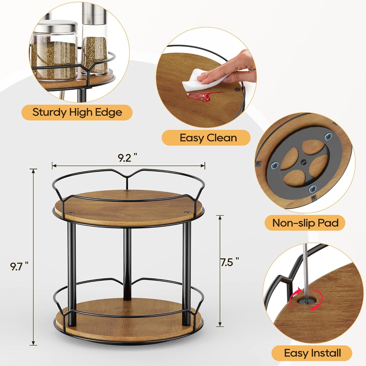 Lazy Susan Organizer 2 Tier - Turntable Spice Rack for Table Top, Wooden Rotating Lazy Susan for Cabinet Pantry Kitchen Countertop Dining Table Cupboard Bathroom Vanity Storage