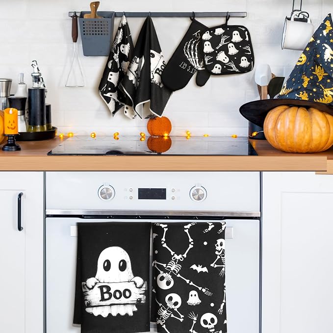 Leinuosen 8 Pcs Skull Kitchen Decor Set Kitchen Towels Gothic Oven Mitts and - Image 2