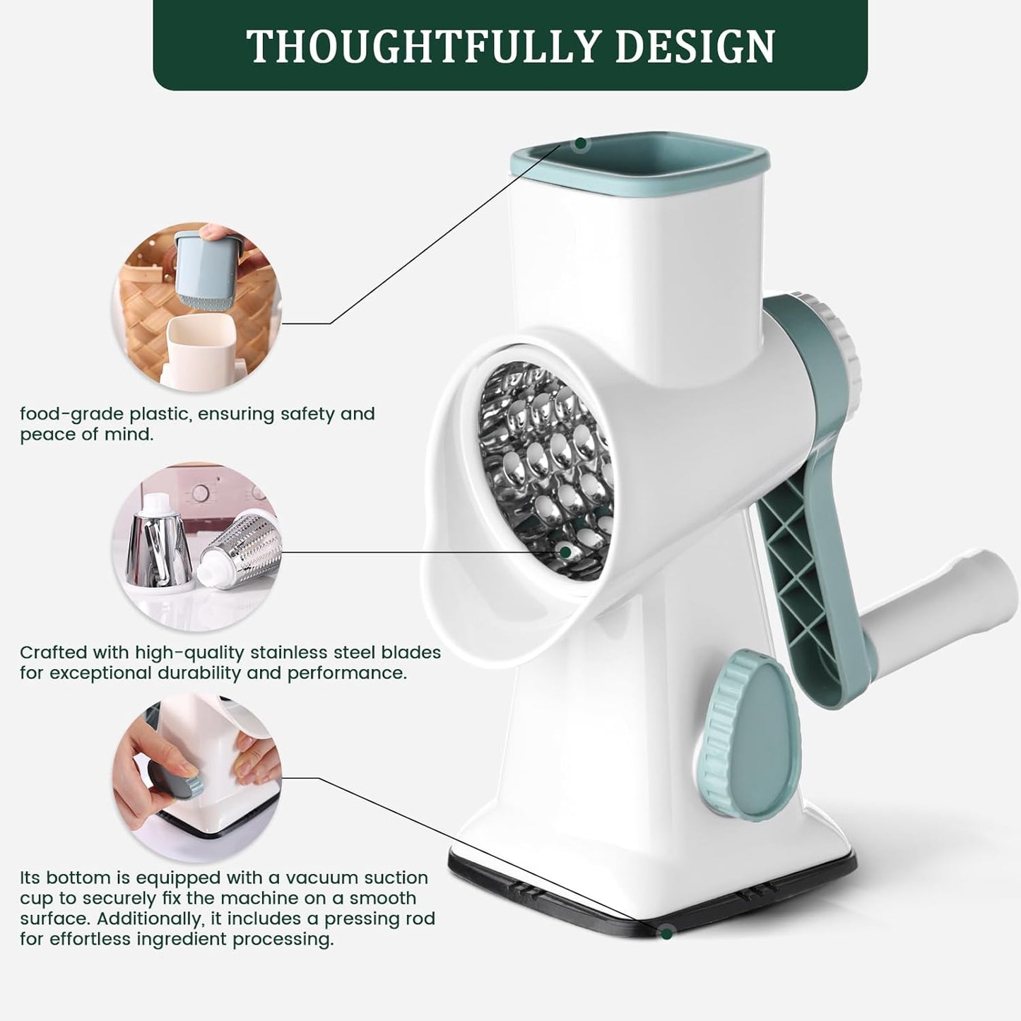 HANSGO Rotary Cheese Grater, Hand Crank Cheese Shredder, Vegetable Slicer for Kitchen, Non-slip Suction Base and 3 Interchangeable Blades for Potatoes Zucchini Nuts Chocolate Fruits, WhiteBlue