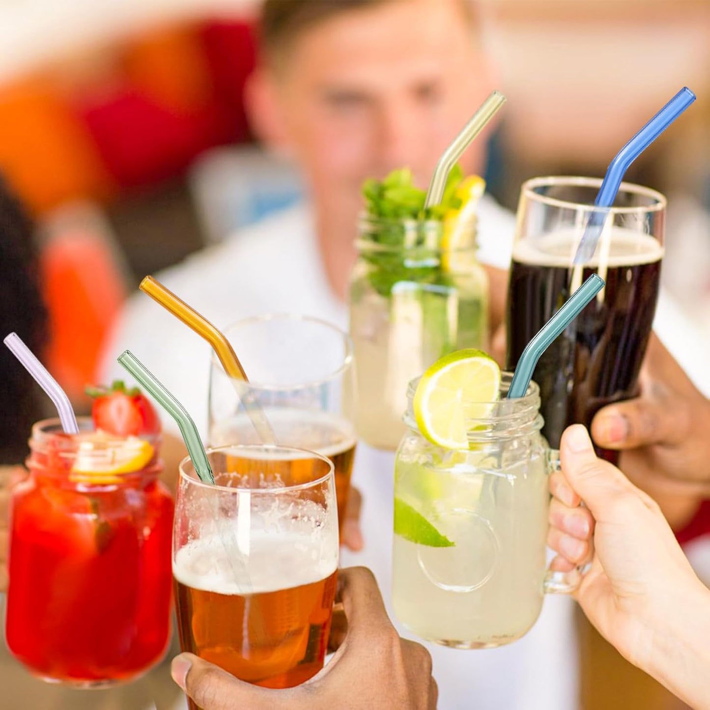 10 Pcs Reusable Bent Glass Drinking Straws,9''x10 mm Colorful Glass Straws for Beverages, Shakes, Milk Tea, Juices,Set of 10 Bent with 2 Cleaning Brushes -Shatter Resistant