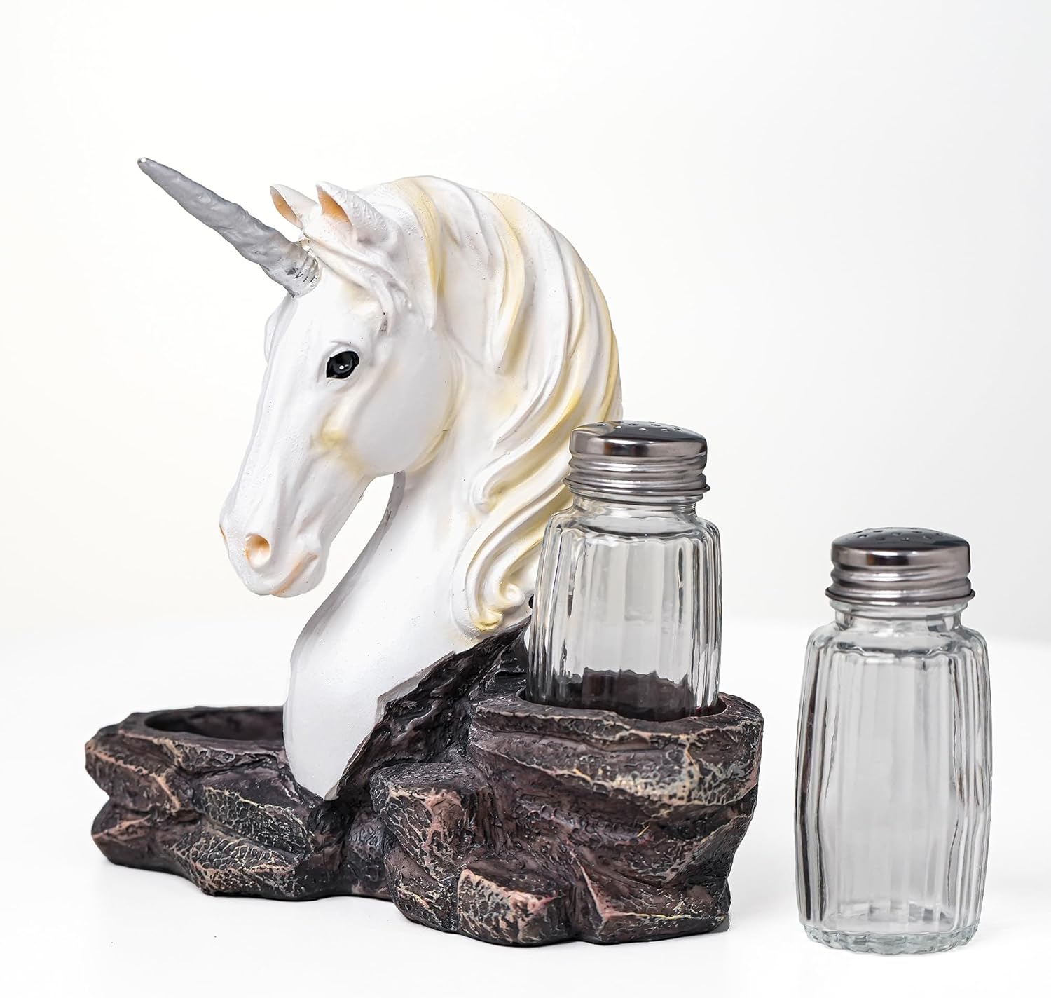 Rustic Salt And Pepper Shakers Set - Salt And Pepper Dispenser with Resin Unicorn Figurine And Statues Holder - Glass Spice Jars for Farmhouse Kitchen DéCor