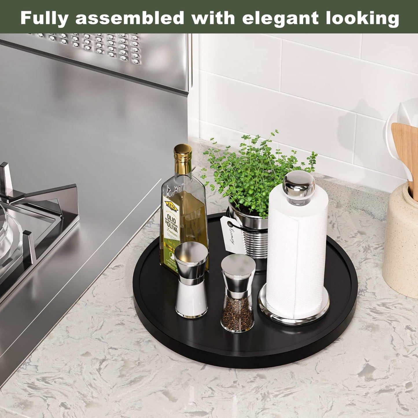 Lazy Susan for Table, 12 Inch Non-Skid Bamboo Turntable Organizer for Salt Pepper Spices and Olive Oil Next to Stove, Wooden Rotating Tray for Kitchen Countertop Organizer Black