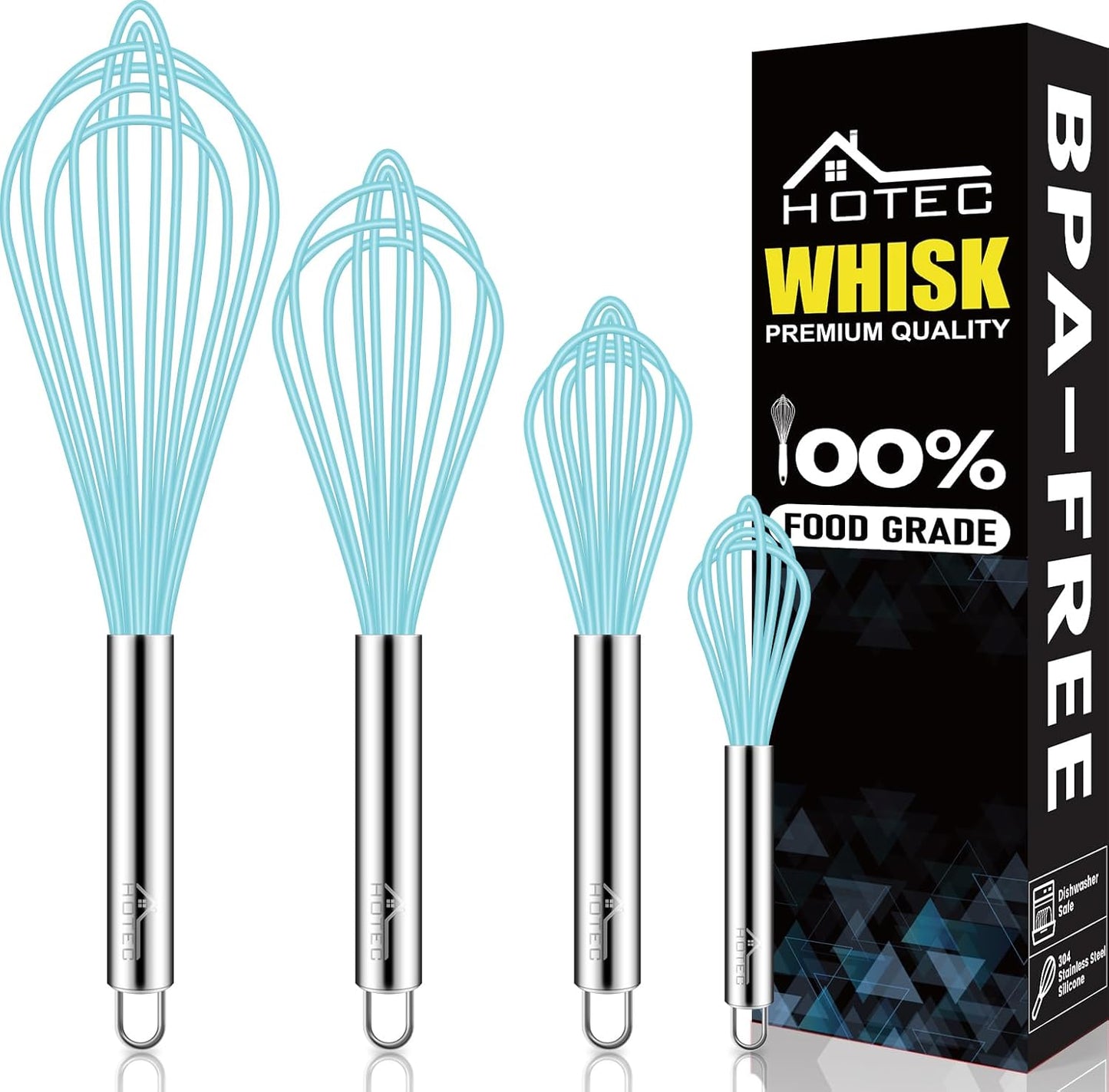 HOTEC 4 Pieces Silicone Whisks Set, Wire Balloon Whisks Egg Beater, Non-slip Handle Whisk for Non-stick Cookware Perfect for Cooking, Stirring, Beating and Blending (Blue)