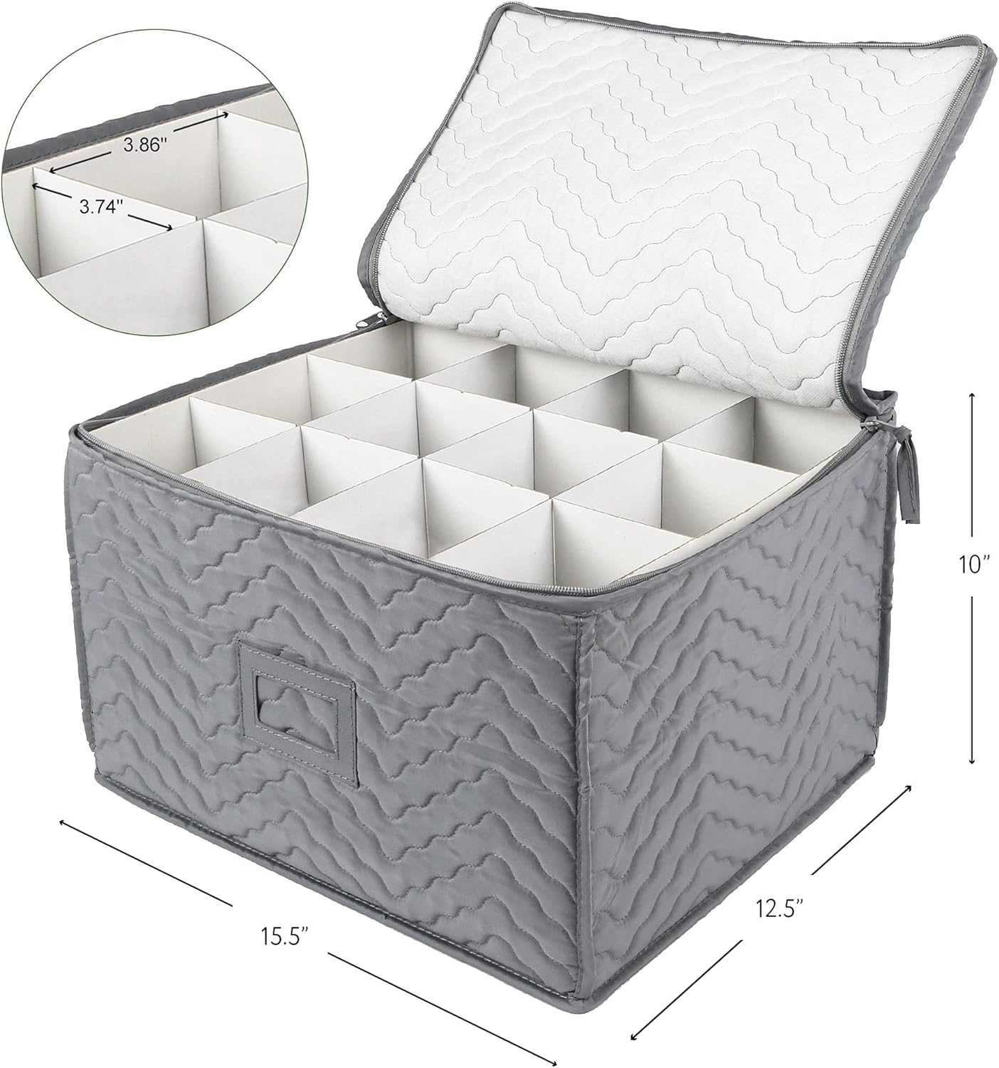 LotFancy Stemware Storage Containers, 2-Pack, Deluxe Quilted Storage Case with Dividers for 24 - Wine Glasses, Champagne Flutes, Glassware, Drinkware Storage Box Chest, 15.5”x12.5”x 10”, Gray