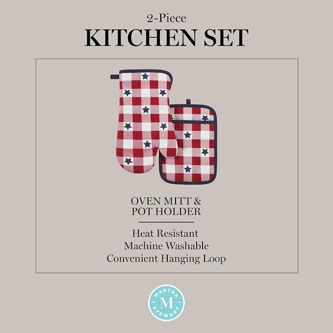 MARTHA STEWART Americana Star Gihgham Oven Mitt & Pot Holder Set, 100% Cotton - Image 6