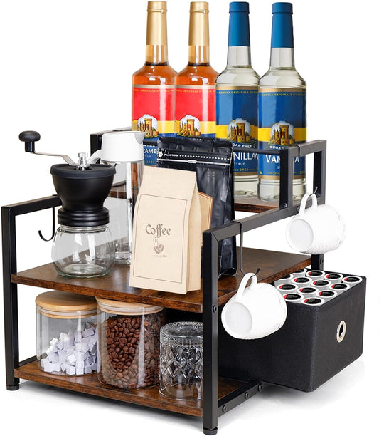3-Tier Coffee Syrup Organizer (12 Bottles Capacity), Stepped Design Syrup Rack with Fabric Drawer, Liquor Bottle Display Shelf, Bottle Holder for Liquor, Coffee, Spice, Syrup