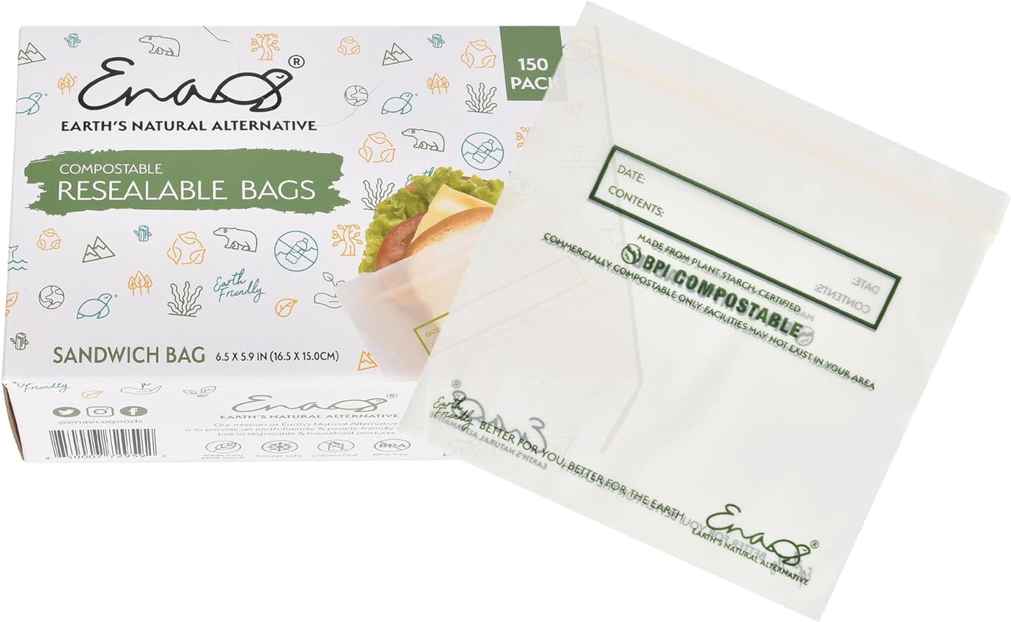 100% Compostable Food Storage Bags [Sandwich 150 Pack] Eco-Friendly Freezer Bags, Resealable Bags, Heavy-Duty, Reusable, by Earth's Natural Alternative, off white