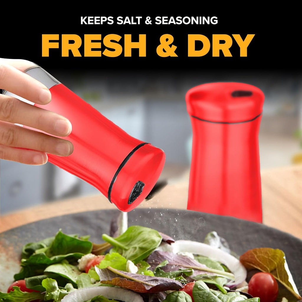 The Original Salt and Pepper Shakers set -Red- Spice Dispenser with Adjustable Pour Holes - Stainless Steel & Glass Set of 2 Bottles