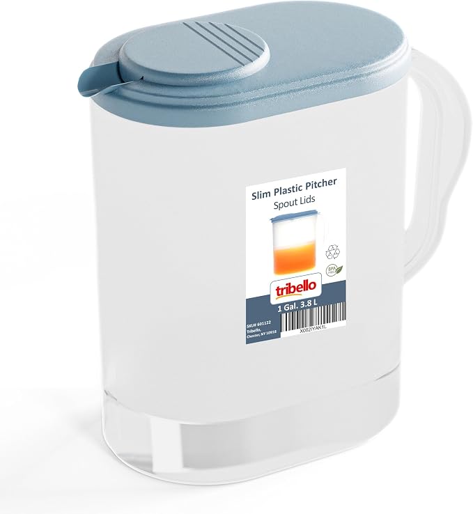 Tribello Pitcher with Lid 1 Gallon, Slim Clear Plastic Water Pitcher with by Tribello