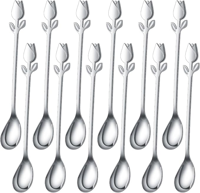 Silver Tulip/Rose Handle 12-Pcs Mini Coffee Spoons Set by SGvrPvz