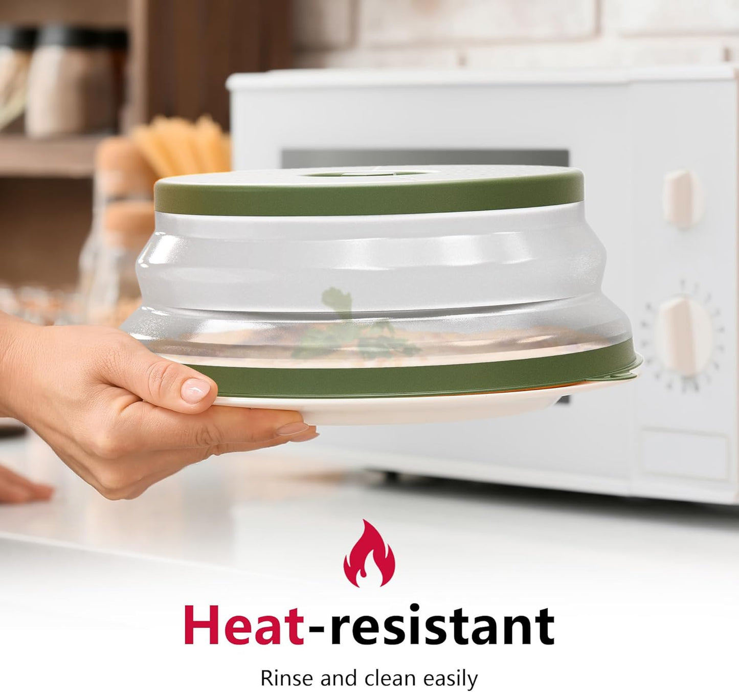 WVM Microwave Splatter Cover Vented for Food with Hook Hole, Splatter Guard & Colander Kitchen Gadget for Food, Meal Prep, Green