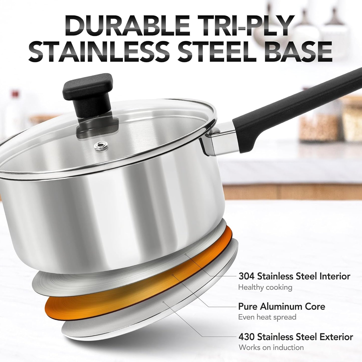 MICHELANGELO Stainless Steel Sauce Pan with Lid 1QT & 2QT & 3QT, TriPly Stainless Steel Saucepans with Straight Bakelite Handle & Square Lid Knob, Nonstick Sauce Pans Set, Induction Compatible