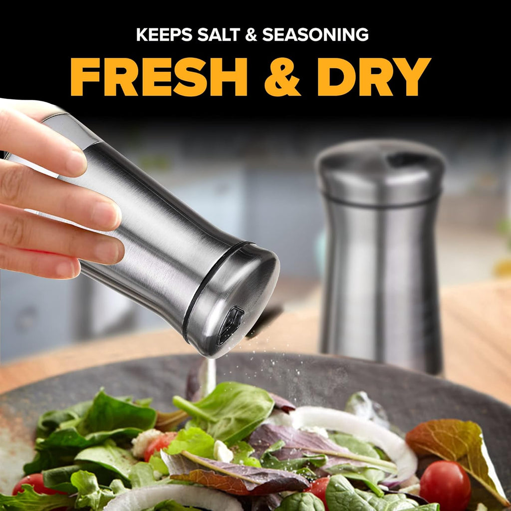 The Original Salt and Pepper Shakers set - Silver- Spice Dispenser with Adjustable Pour Holes - Stainless Steel & Glass Set of 2 Bottles