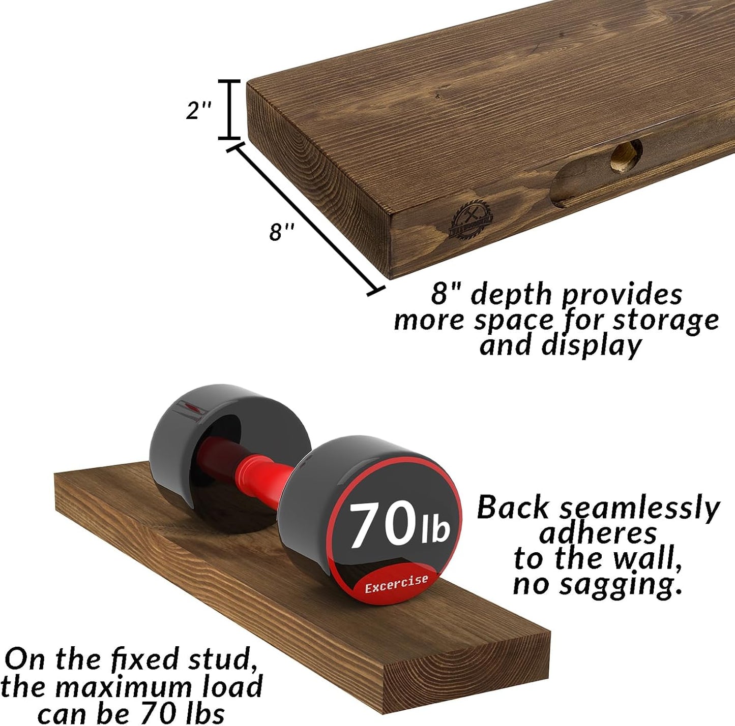 Rustic Floating Shelves 24 inch Long 8 inch deep Set of 2, Solid Wood Wall Shelves for Bathroom Living Room Kitchen,Book Shelf for Wall, Wall Mounted Shelves with Hidden Bracket- Walnut