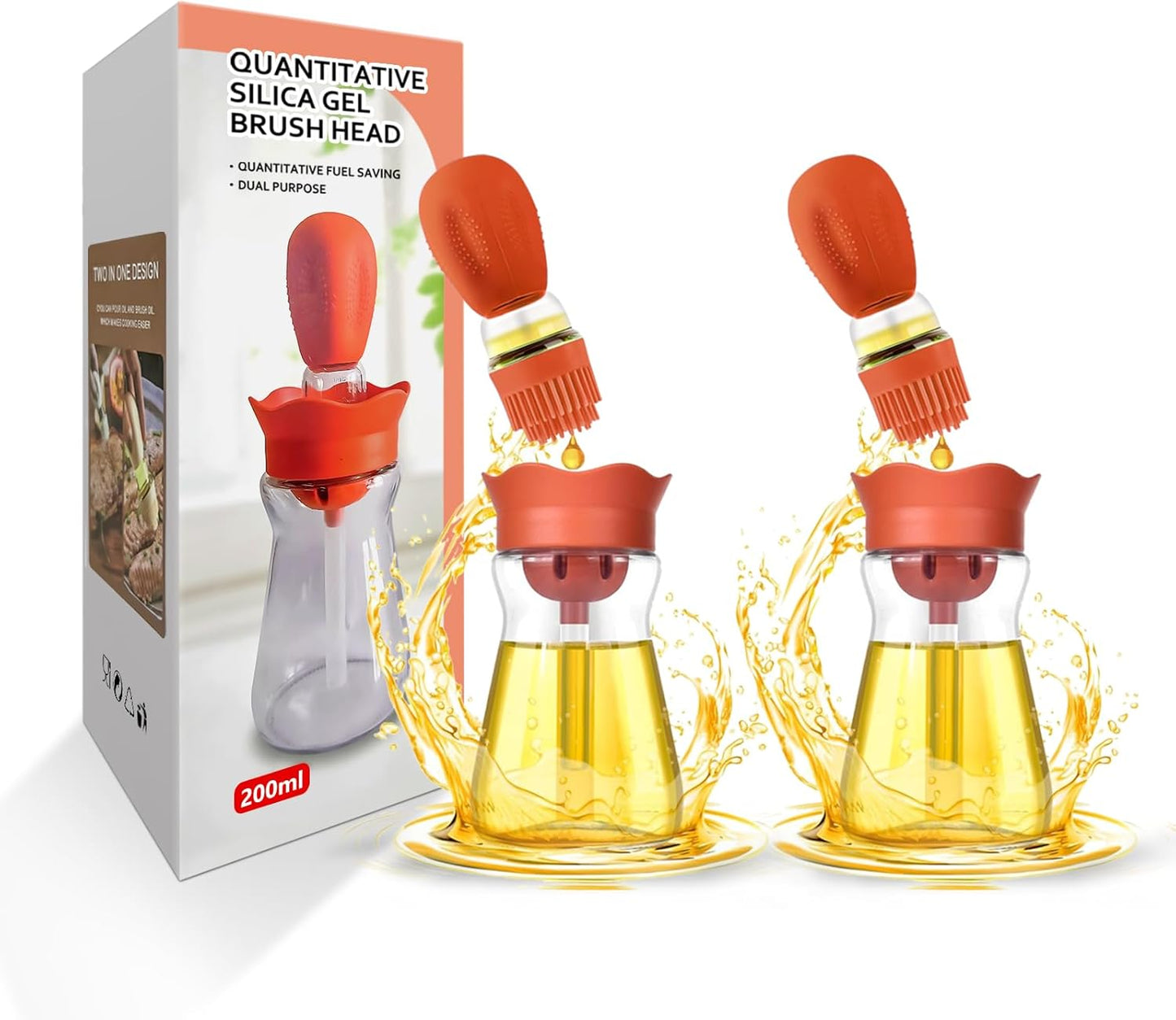 Oil Dispenser with Brush-2Pack 7oz/200ML 2 IN 1 Glass Cooking Oil Dispenser Bottle with Silicone Basting Brush for Kitchen, Oil Storage and Container for Cooking BBQ, Vinegar, Sauce, Air Fryer- Orange