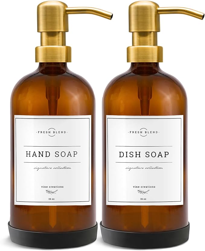 Vine Creations Amber Glass Soap Dispenser, 2 Pack Kitchen Soap Dispenser Set by VineCreations