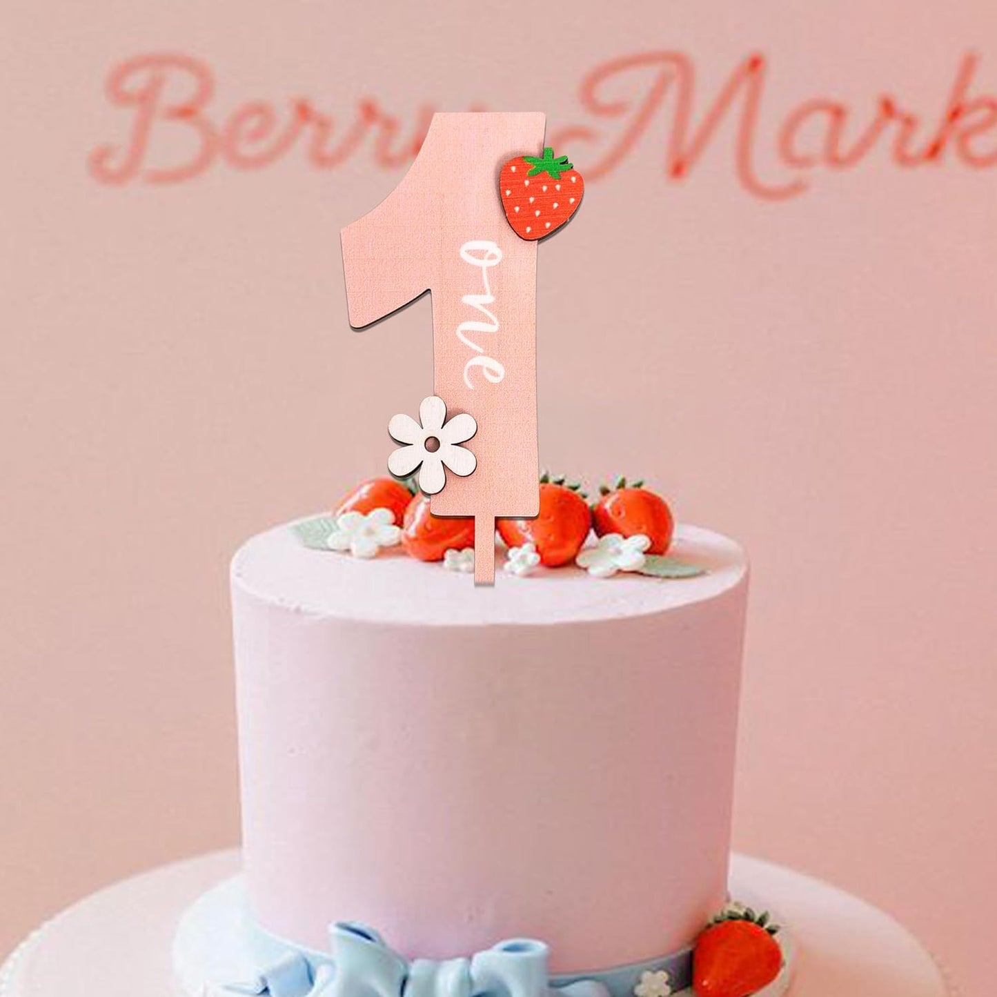 Strawberry One Cake Topper - Flower Wooden Cake Topper, Berry First Birthday Cake Decoration for Baby Shower, Birthday Party, Anniversary, Baby Photo Booth Props, Cake Smash...