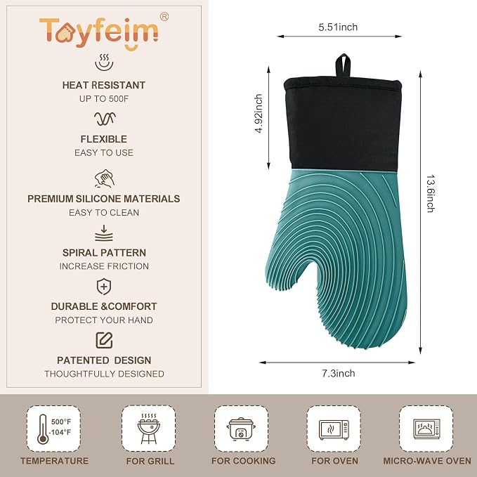 Silicone Oven Mitts-13.6 in Extended Oven Mitts Heat Resistant 500F, Oven Gloves - Image 5