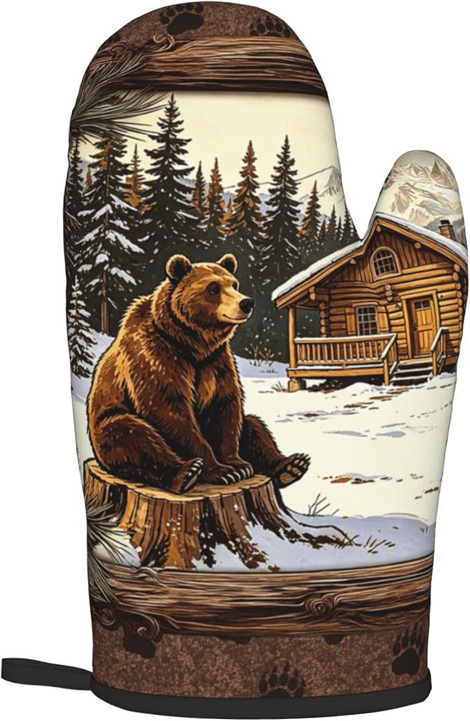 Vintage Oven Mitts and Pot Holders Sets Rustic Cabin Kitchen Gloves Bear Hot - Image 8